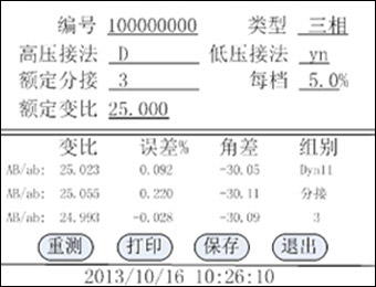 特种变比测试仪的测量结果界面